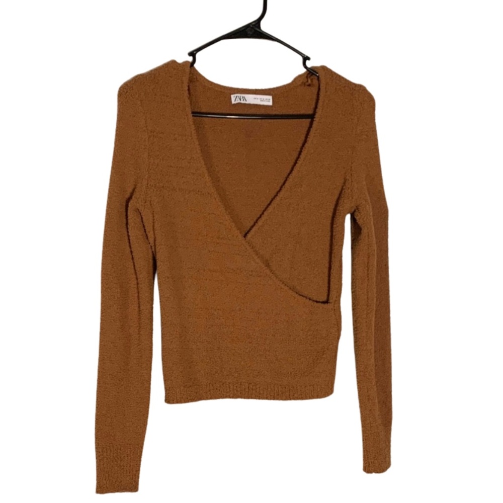 Zara Rust Cozy Boucle Wrap Front Knit V-Neck Sweater Women M Minimalist Neutral
